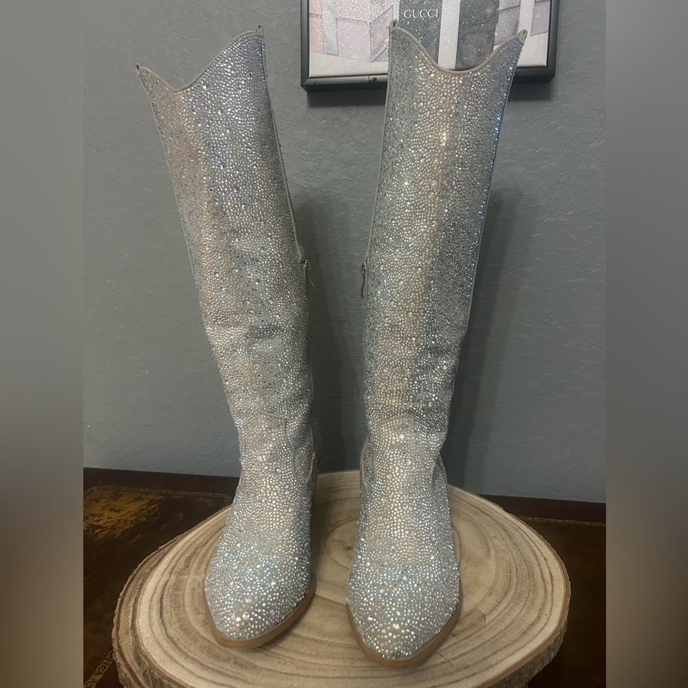 Silver Sparkly Rhinestone Knee High Boots Size 8.5 #954 - Picture 2 of 10